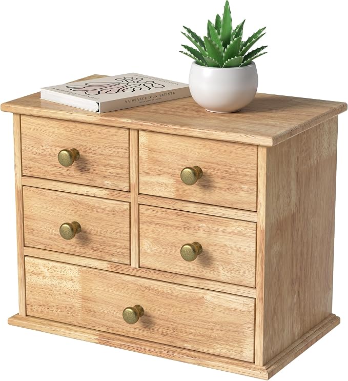 Oak Desk Organizer with Drawers, Durable Wooden Desktop Storage Box | 5 Drawer Tabletop Organizer with Metal Handle & Non-Slip Pad for Office, Bedroom, Bathroom, Vanity, Makeup, Light Burnt Brown by JNFUZ