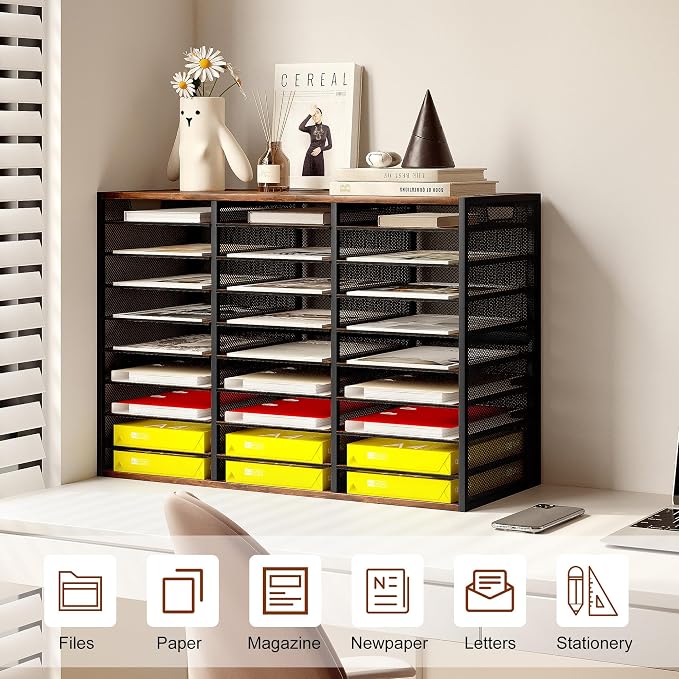 TQVAI 27 Compartments Desktop Literature Organizer, Metal Frame Paper Sorter with Handles, Heavy Duty Mailbox for Classroom and Office, Wood File Organizer for Document, Bill, Magazine, Antique Brown - Image 3