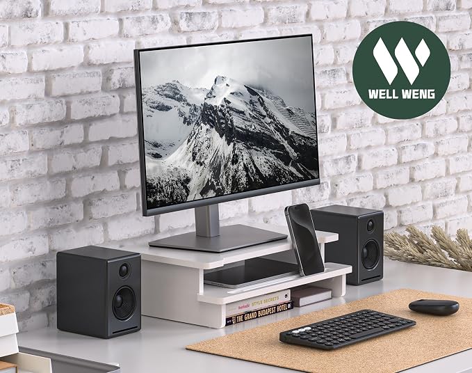 16.5” Bamboo Monitor Stand with Phone & Tablet Holder Desk Shelf | Monitor Riser for 36-48 Inch Desk Cozy Computer Setup Workplace Organizer Keyboard Storage Compact Ergonomic White - Image 7