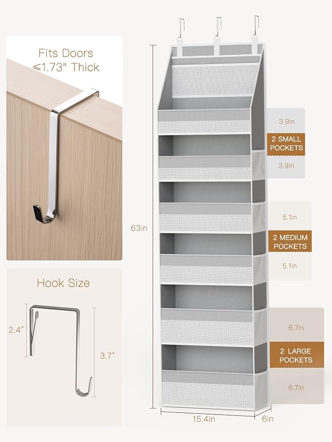 2 Pack Over The Door Organizer, Heavy-Duty 6-Shelf Hanging Storage with 13 Mesh Pockets, 55lbs Capacity Behind The Door Storage for Nursery, Bathroom, Bedroom, and Dorm, Grey - Image 2