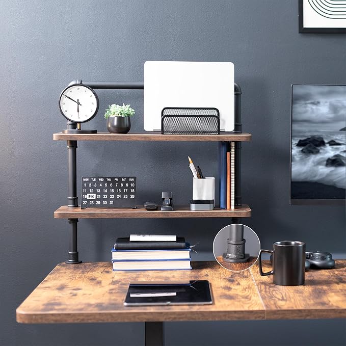 VIVO Clamp-on Premium 24 inch Industrial Pipe 2-Tier Tabletop Shelving, Heavy Duty Desk Extension Organizer, Modern Desktop Display Shelf, Rustic Vintage Brown Shelves, DESK-SHELF24-2N - Image 9