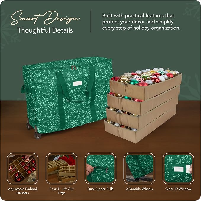 Covermates Keepsakes Rolling Adjustable Ornament Storage Bag – Heavy-Duty Polyester, FlexGrid Trays & Padded Dividers – Protective Holiday Organizer with Wheels, Handles & ID Window, Green Snowflake - Image 4