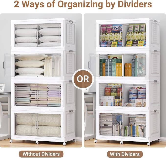 BROVIEW 800 Qt Stackable Storage Bins Foldable Cabinet, V40 White 4-Pack | Extra Large Collapsible Storage Bins with Lid Doors Wheels Dividers, Closet Organizers and Storage Drawer for Home Office - Image 5