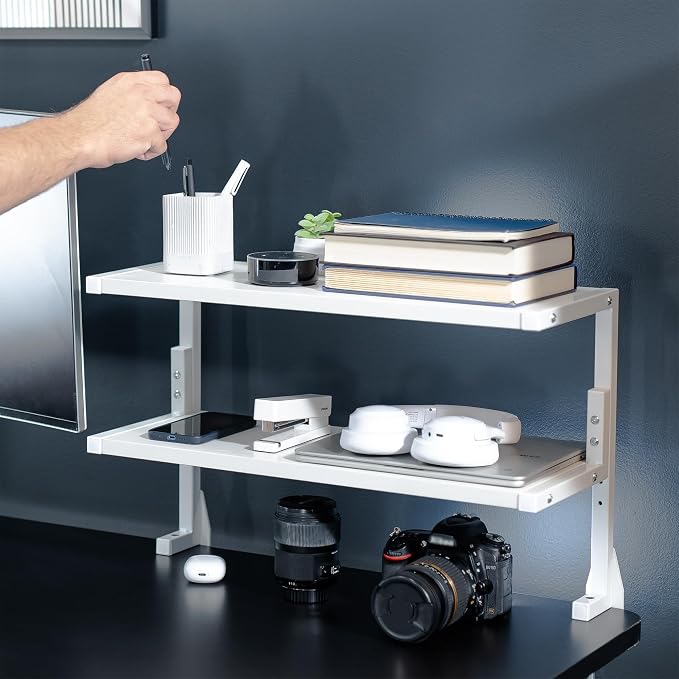 VIVO White Clamp-on 24 inch 2-Tier Desk Shelf, STAND-SHELF24C-W | Above or Below Desk, 2 Level Shelving Unit for Table Accessories, Gaming Devices, and More, Storage Tray, Desktop Organizer - Image 8