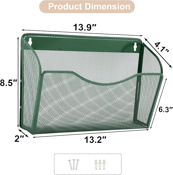 3 Single Pocket Mesh Hanging File Organizer, Vertical Wall Mounted Magazine File Holder, Mount Basket Mail Paper Document Folder Organizing for Office, Home and School, Dark Green - Image 2