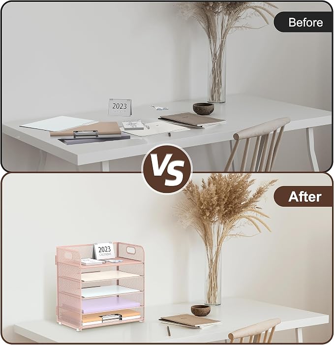 2 Pack 5-Tier Pink Desk Organizer with Handle Mesh Desk File/Paper Organizer Letter Tray for Office, School, Classroom and Home Easy Installation - Image 4