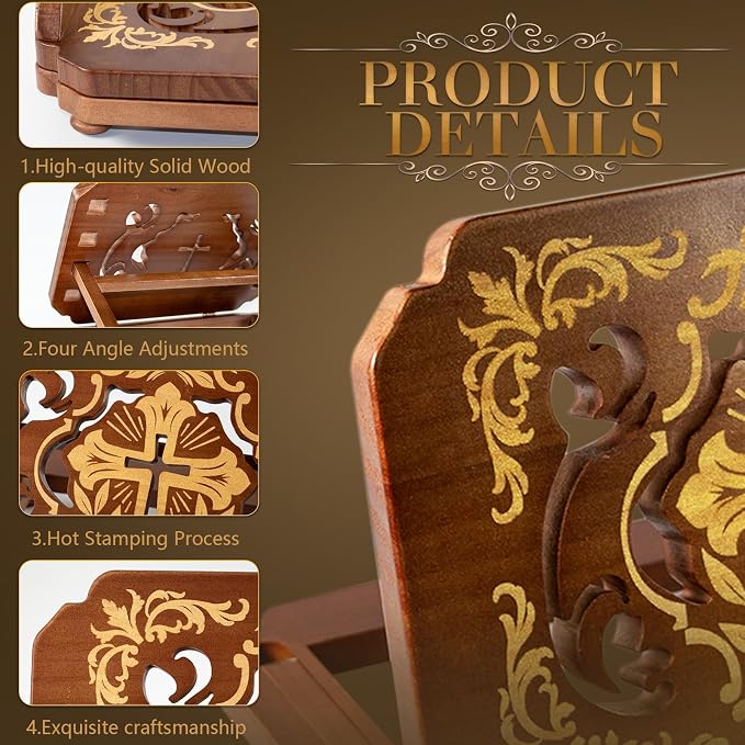 Wooden Bible Holder Stand | Adjustable Carved Bible Reading Stand –13"×9",Foldable Bookshelf for Magazine,Recipe, Cookbook and Bible Prayer - Image 4