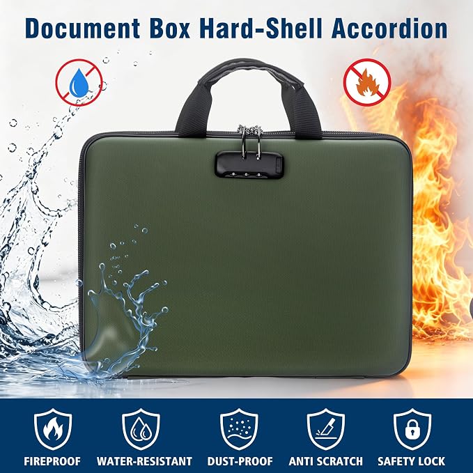 Fireproof Document Box with Lock, Hard-Shell Case Fireproof File Organizer with 13 Pocket Accordion File Folder, Portable Home Office Travel Safe Storage for Important Documents Laptop - Image 2
