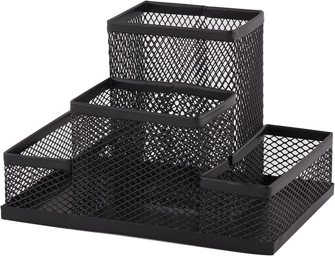 D.RECT KOMO 4-Compartment Metal Mesh Desk Organizer – Multifunctional Pen & Office Supply Holder, Durable & Compact, Black by Unknown