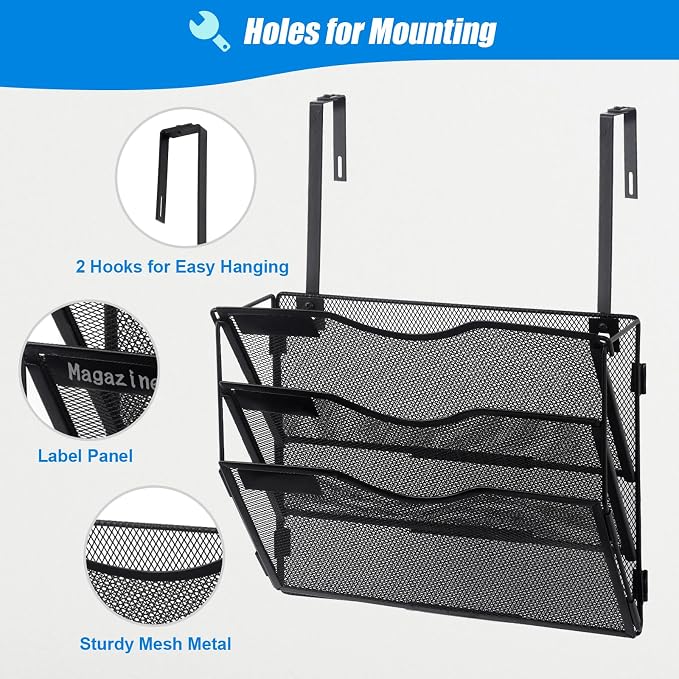 3 Pocket Mesh Hanging Wall File Organizer with Hangers & Nametag Label, Wall Mounted Mail Paper Document Folder Holder, Clipboard Storage Organization Magazine Rack for Office Cubicle, Black - Image 3