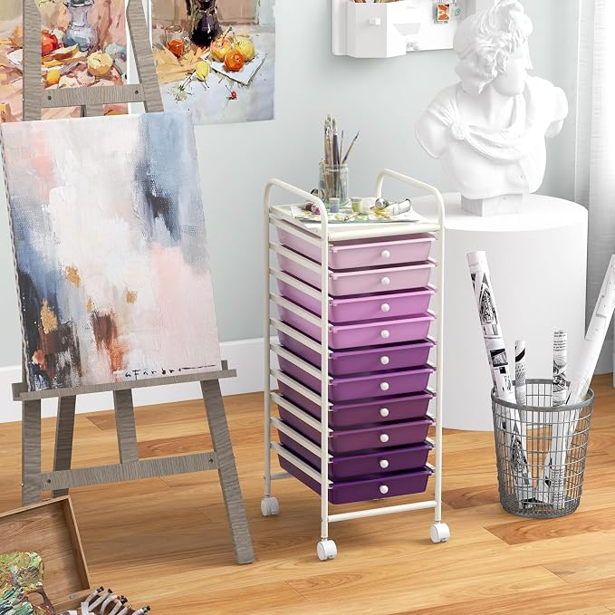 Giantex 10-Drawer Storage Cart w/Universal Wheel, Rolling Cart w/Handle, Home Organizer Storage Unit w/Removable Drawers, Trolley Utility Cart for Kitchen Makeup Living Room Office Play Room - Image 2