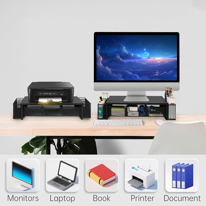 Qupui Computer Monitor Stand Riser with Drawer and Pen Holders, Desk Organizer Shelf and Accessories, Office Desk Accessories, Office Organization, Black - Image 5
