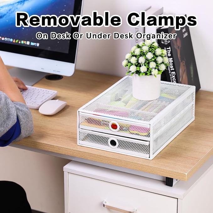 ROSYLINE Under Desk & Desktop Drawer Organizer, 2-Tier Big Capacity | Steel Construction, Clip-On No Drill Installation, Fits A4 Paper, for Office & Household Supplies - Image 3