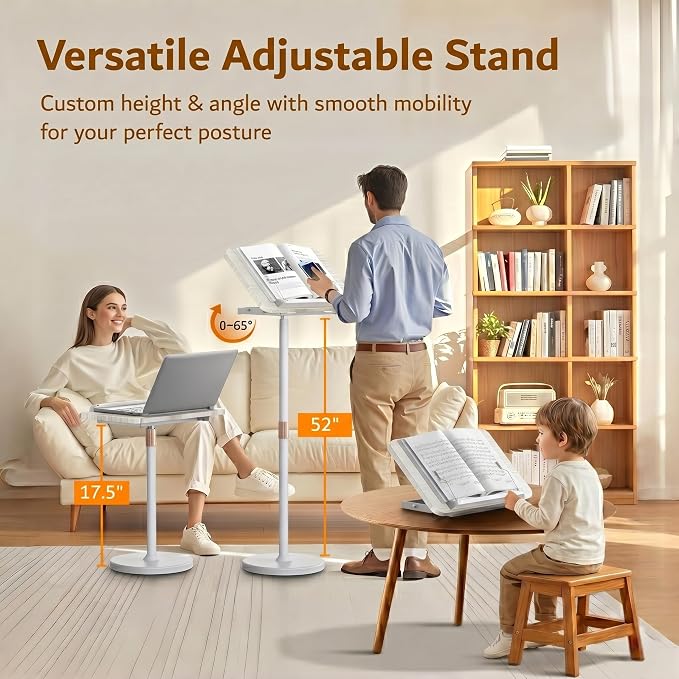 2-in-1 Floor & Desktop Book Stand with Large 16.5"x11.8" Wood Panel | Height Adjustable 16.5"-51" Ergonomic Book Holder with Page Clips for Textbooks, Music Sheets, Recipes, Laptops (White) - Image 3