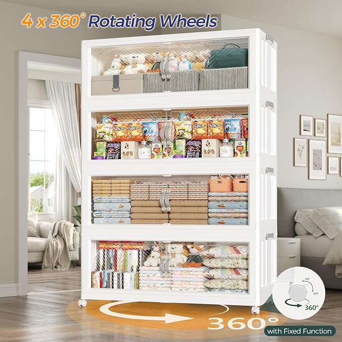 640QT Extra Large Stackable Storage Bins with Lid, 160Gal Plastic Closet Organizers and Storage Drawer, Collapsible Cabinet Box with Wheels Clear Doors for Home Kitchen Garage, 4Pack White - Image 4