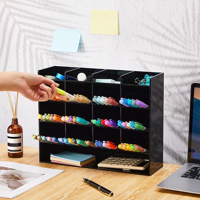 MotiMind Acrylic Pen Organizer Storage for 200 Markers Vertical Marker Organizer Acrylic Pen Display Holder for Office Desk Desktop Stationery Pencil Storage, Black, 13 x 4 x 10.2 Inch - Image 4