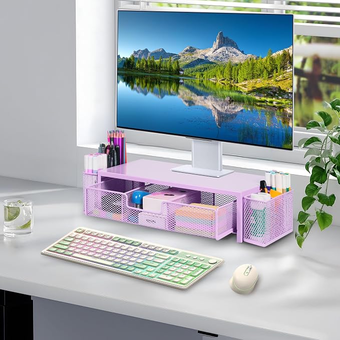 Qupui Computer Monitor Stand Riser with Drawer and Pen Holders, Desk Organizer Shelf and Accessories, Office Desk Accessories, Office Organization, Purple - Image 6