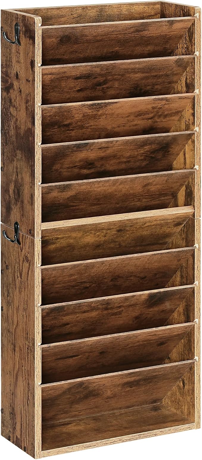 Wall File Organizer, 10-Tier Hanging Mail Organizer, Wall Mount File Holder with 4 Side Hooks, Mail and Storage Organizer, Wooden Vertical Hanging Holder for Office, Rustic Brown MWJ03FG - Image 9