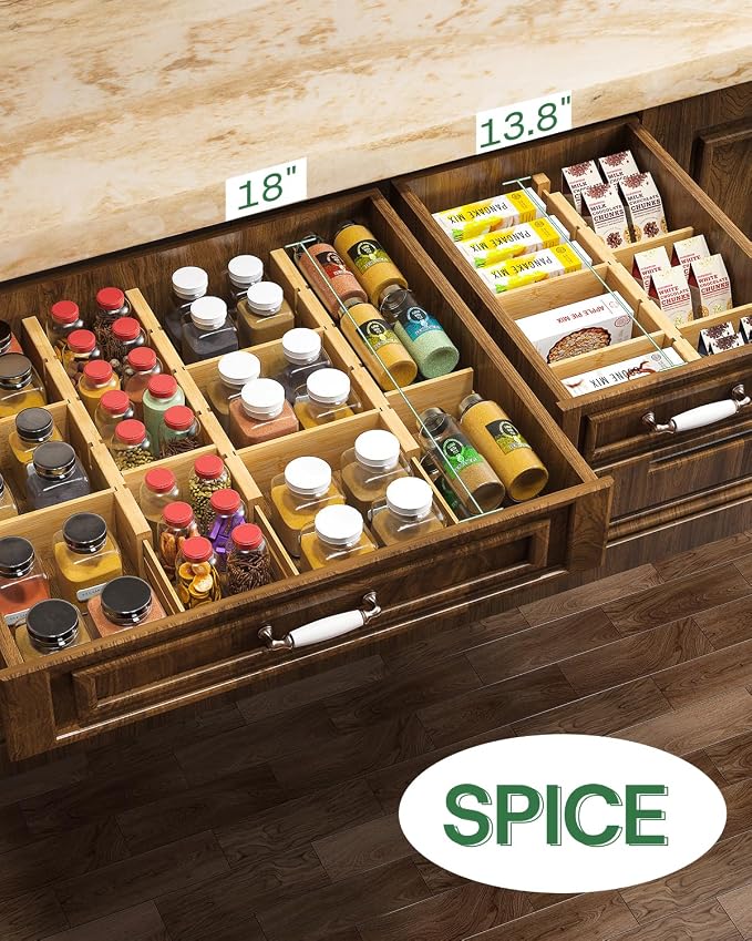 kiplant Bamboo Drawer Dividers - Adjustable Drawer Dividers for Kitchen, Clothes, Closet & Office - 8 Pack with Inserts, 13.8-18.8 Inches, Non-Slip Silicone Ends - Image 4