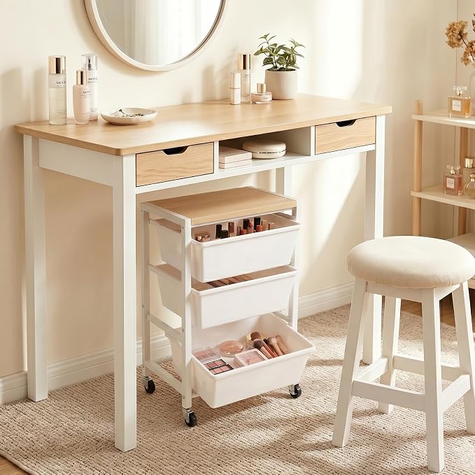Rolling Cart with 3 Drawers, Plastic Drawer Storage Carts with Lockable Wheels & Wooden Tabletop, Metal Art Craft Utility Cart Organizer for Home Office Bedroom Dorm Bedside Classroom, Bright White - Image 8
