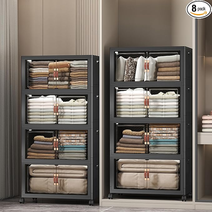 Stackable Storage Bins, 896QT Collapsible Drawers with 2 Lids | Large Capacity, Magnetic Door, Stack Lock, Rolling Wheels, Foldable Design, Organizers and Storage for Bedroom Dorm Garage by UAMFURIDirect