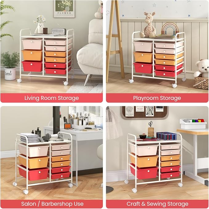 COSTWAY Rolling Storage Cart with 9 Drawer, Utility Cart with Metal Frame | Mobile Art Supply Craft Organizer, Multipurpose Storage Organizer for Paper, Office, School Teacher, Classroom, Macaron - Image 8