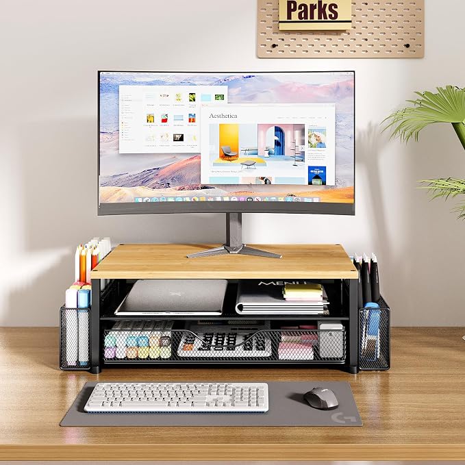 Desk Organizers and Accessories, Computer Monitor Stand Riser with Drawer and 2 Pen Holders, Printer & Laptop Stand, Office Desk Accessories & Workspace Organizers for Home Office Supplies, Oak - Image 2