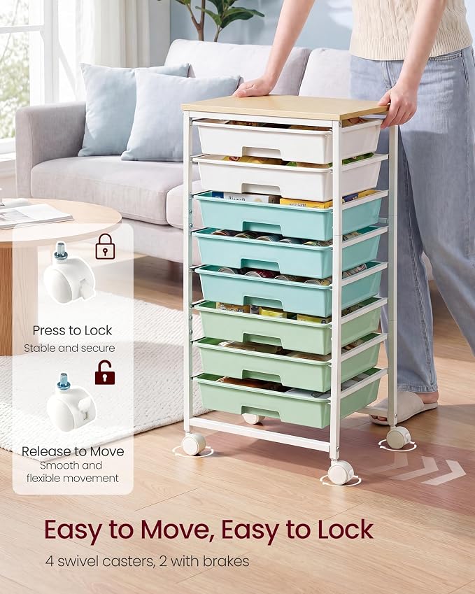 VASAGLE 8-Drawer Rolling Storage Cart, Utility Cart with Wheels and Wood Top, Craft Organizer for Office and Home, 15.6 x 11.2 x 30.1 inch, Green and White, Benco Collection ULRC006C101 - Image 5