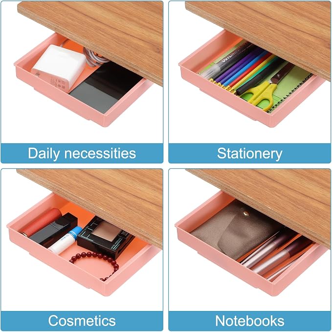 PATIKIL Under Desk Drawer, 4 Pcs Under Table Storage Self-Adhesive Attachment Drawers Organizer for Pens Standing Desk Office Studio Home, Pink, Large - Image 3