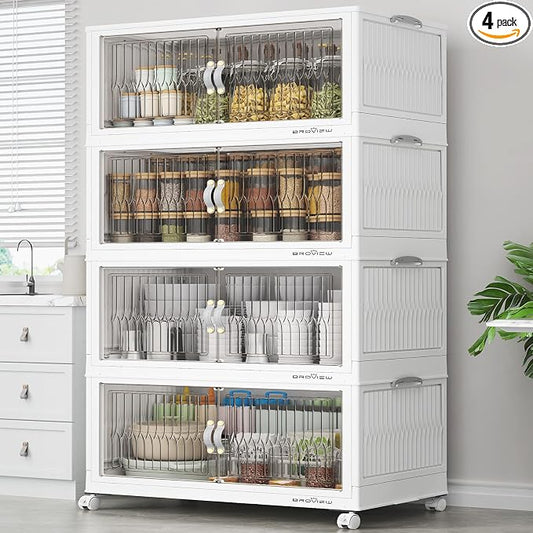 BROVIEW 480Qt Stackable Storage Bins with Lids, Extra Large Closet Organizer Collapsible Drawer Boxes with Wheels, Folding Plastic Cabinet Containers for Home Kitchen Room Organization, 4Pack White by BROVIEW-EnjoytheArtofLife