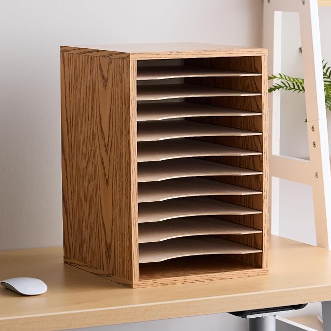 Scranton & Co Vertical Desk Top Sorter, Medium Oak Laminate Finish, 11 Compartments, Removable Hardboard Shelves, 10 3/4"w x 12"d x 16"h, Particleboard Construction for Letter-Size Paper Organization - Image 2