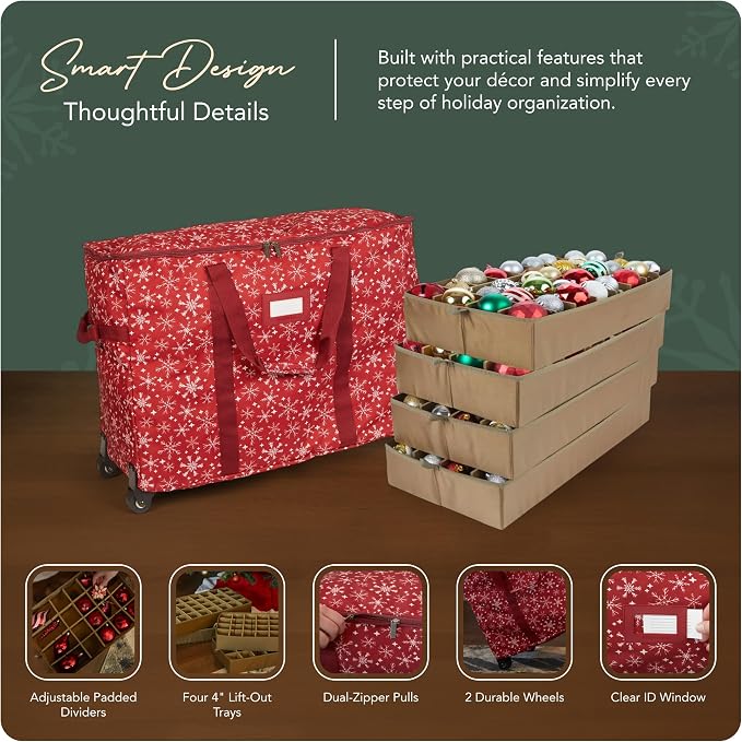Covermates Keepsakes Rolling Adjustable Ornament Storage Bag – Heavy-Duty Polyester, FlexGrid Trays & Padded Dividers – Protective Holiday Organizer with Wheels, Handles & ID Window, Red Snowflake - Image 4