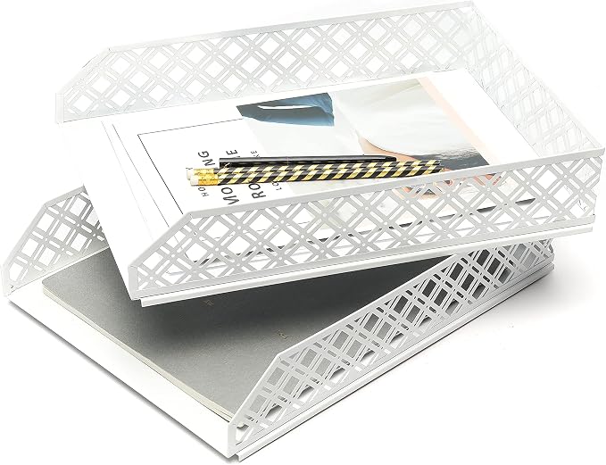 Exerz Letter Trays 2pcs Stackable Paper Sorter/Desk Organiser/File Tray for Desk - Wire Mesh Metal File Rack - Office, School, Home Study (White) - Image 6