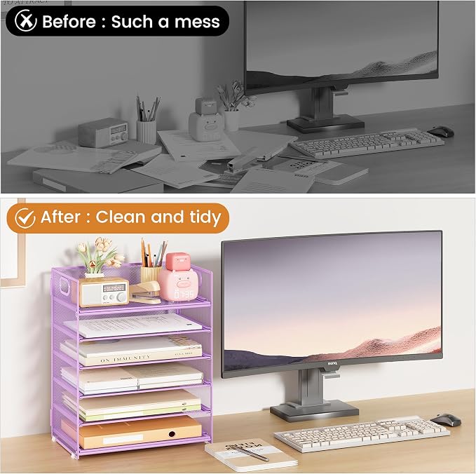 Subekyu 6 Tier Paper File Tray Organizer for Desk, Purple Mesh Desk Letter Paper File Folder Accessories Sorter Organizer with Handle, Stackable Slide Tray for Office, Home or School Supplies Storage - Image 2
