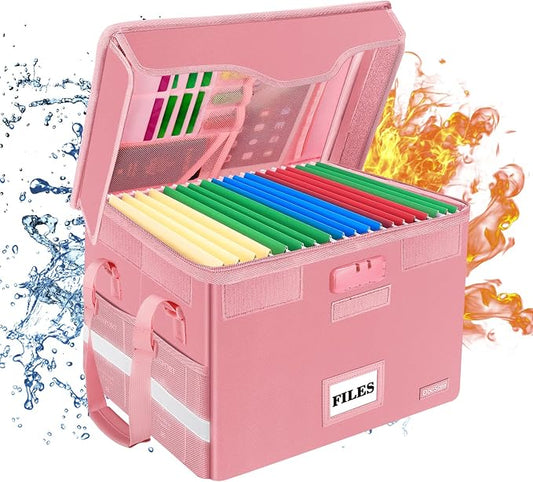 DocSafe Fireproof Document Box with Lock,File Storage Organizer with Zipper Pockets,Collapsible Portable File Box Home Office Safe Filing Cabinet with Handle for Hanging Letter/Legal Folder,Pink by DocSafe