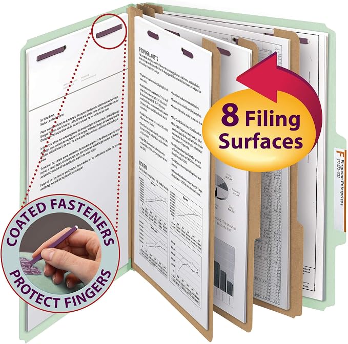 Smead Pressboard Classification File Folder with SafeSHIELD Fasteners, 3 Dividers, 3" Expansion, Letter Size, Gray/Green, 10 per Box (14091) - Image 2