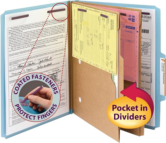 Smead Pressboard Classification File Folder with SafeSHIELD Fasteners, 2 Pocket Dividers, 2" Expansion, Letter Size, Blue, 10 per Box (14081) - Image 3