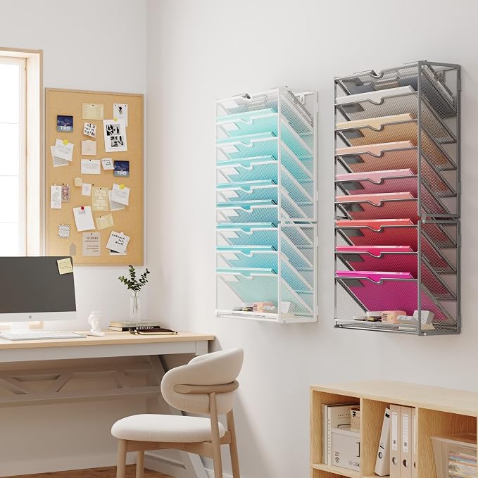 Lavatino 10-Tier Hanging Wall File Folders Organizer - White Metal Mesh Paper Magazine Document Mail Holder File Organizer for Office School Home Wall Mount or Desk Supplies Organization - Image 6