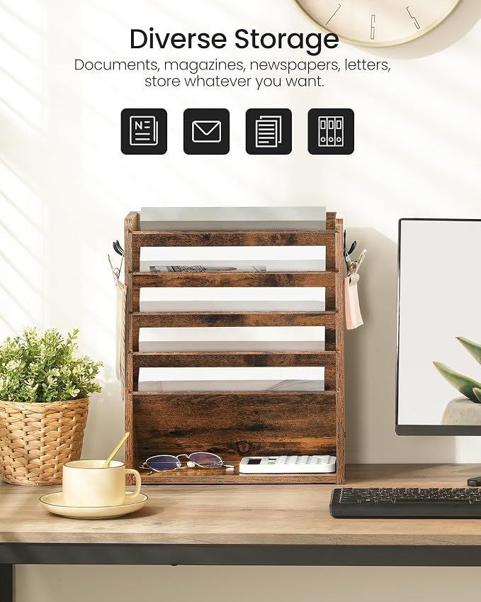 Wall File Organizer, 6-Tier Vertical Mount Hanging Holder with 2 Side Hooks, Vintage Wooden Magazine Storage Crate with Bottom Flat Tray, Desk Organizer, for Office, Home, Rustic Brown MWJ01FG - Image 3
