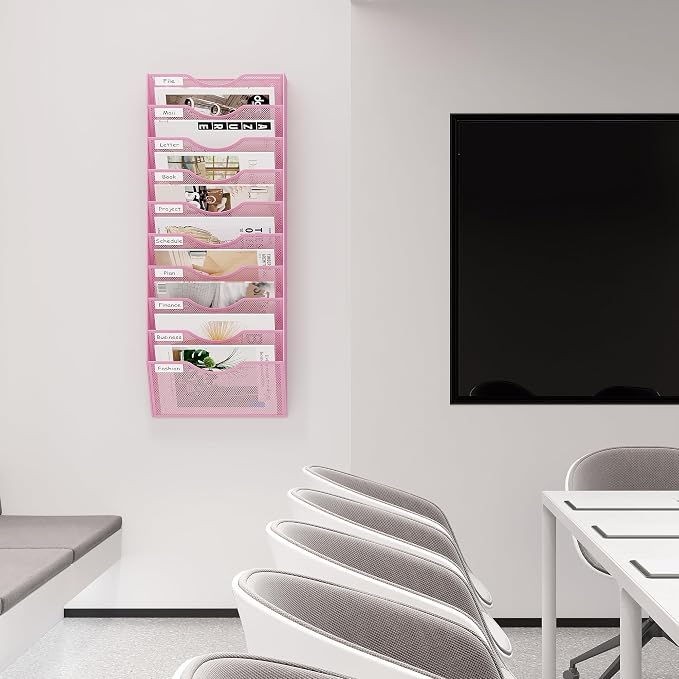 EasyPAG 10 Pocket Mesh Wall File Organizer, Hanging Paper Folder Holder with Classify Label, Vertical Wall Mount Mail Organizer for Office Home Classroom, Pink - Image 8