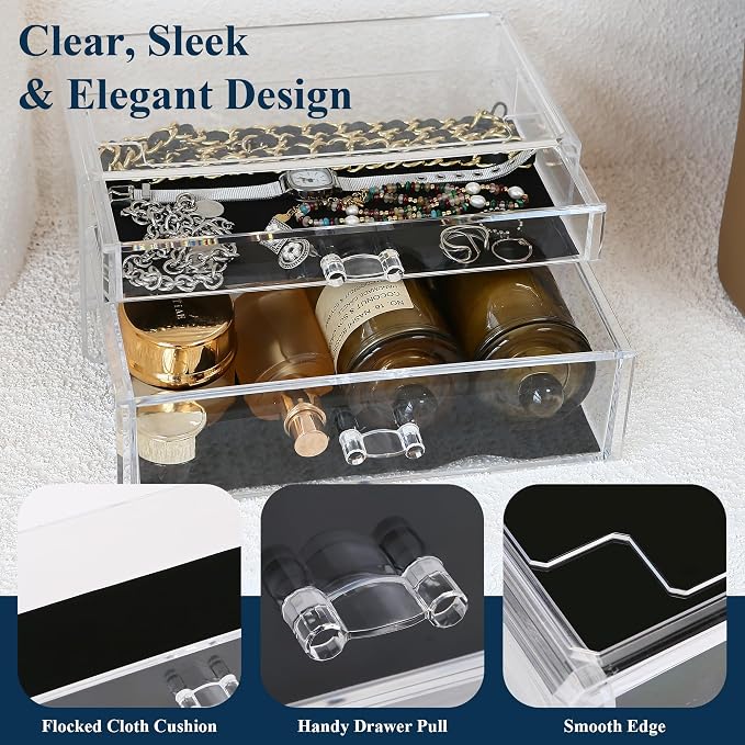 Sea Team Stackable Clear Acrylic Makeup Organizer with Drawers for Vanity | Cosmetic Display Case, Jewelry Storage Box with 1 Large and 1 Middle Drawers, Ideal for Dresser, Bathroom, Countertop - Image 3