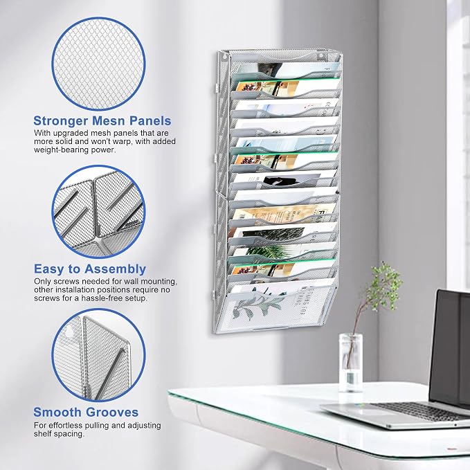 EasyPAG Wall File Organizer for Office 14 Pocket Mesh Wall Mounted Paper Organizer Hanging Folder Holder with Nametag Label for Home School, Silver - Image 3