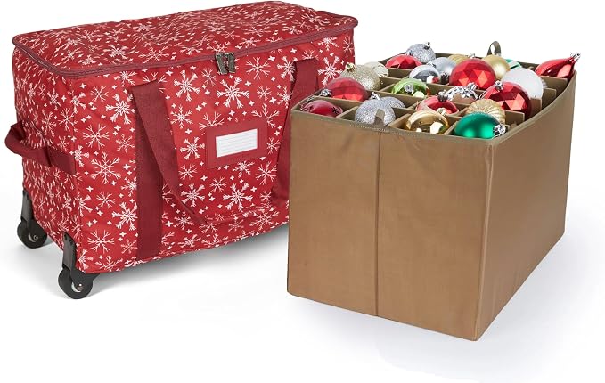 Covermates Keepsakes Rolling Adjustable Ornament Storage Bag – Heavy-Duty Polyester, FlexGrid Trays & Padded Dividers – Protective Holiday Organizer with Wheels, Handles & ID Window, Red Snowflake by Covermates