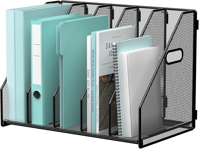 Gawerk 5 Section File Sorter Folder Holder Desk Organizer Office Rack | Desktop File Magazine Folder Holder 5 Compartments, Desk Organizer Vertical Magazine Folder Organize with Side Handles by Gawerk