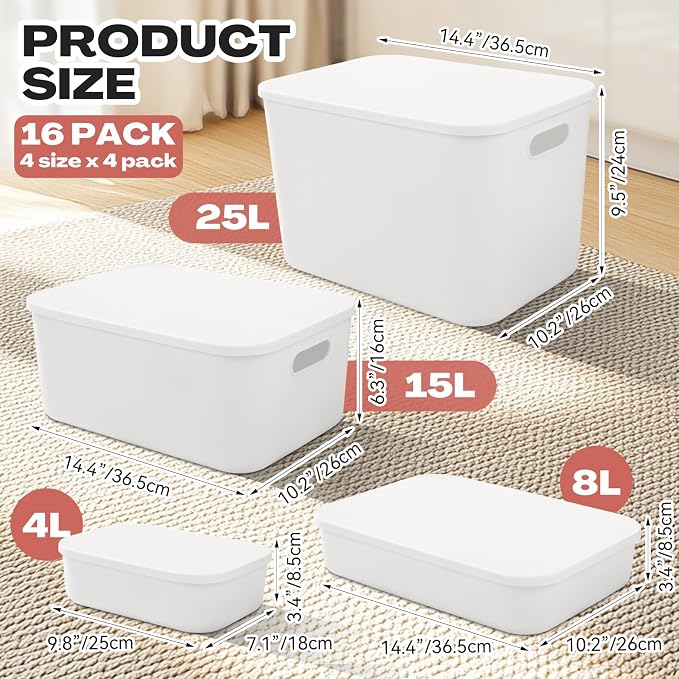 16 Pack Plastic Storage Bins with Lids Stackable Classroom Organization Bins 4 Size Combination Craft Organizers for Home Office, Organize Craft Shoes Tools Snacks(White) - Image 3