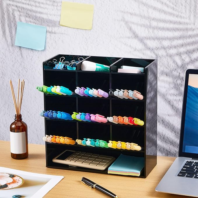 MotiMind Acrylic Pen Organizer Storage for 150 Markers Vertical Marker Organizer Acrylic Pen Display Holder for Office Desk Desktop Stationery Pencil Storage, Black, 10.2 x 4 x 9.8 Inch - Image 4