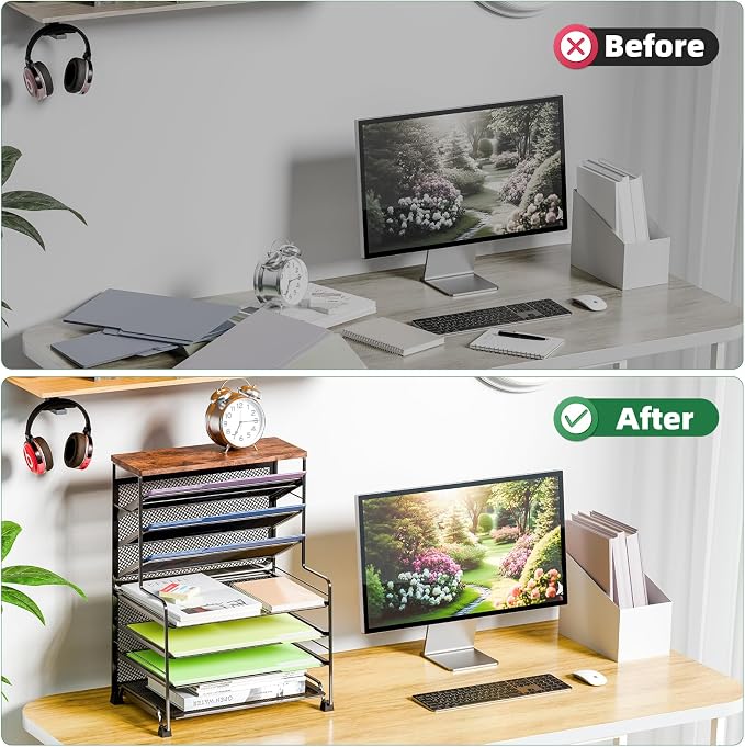 Simple Trending 7 Tier Desk File Organizer, 2 Pack Letter Tray Paper Organizer, Mesh Desk Accessories File Folder for Office, Home or School, Black - Image 7