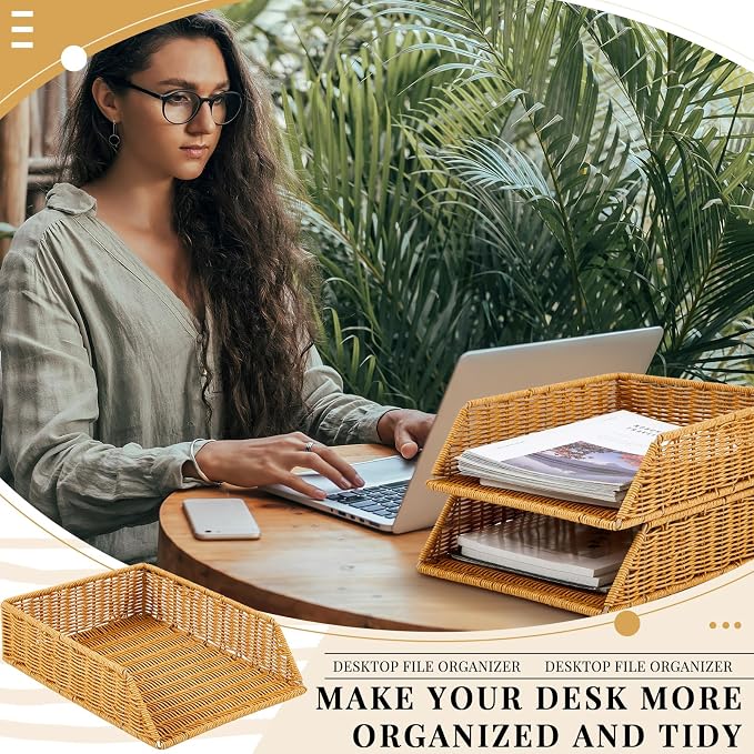Yeaqee 2 Pcs Paper Tray Organizer for Desk Woven Letter File Organizer A4 File Tray Desk Paper Basket Letter Size Imitation Rattan Holder Organization Rack for Office Storage(Brown,Sleek Style) - Image 4