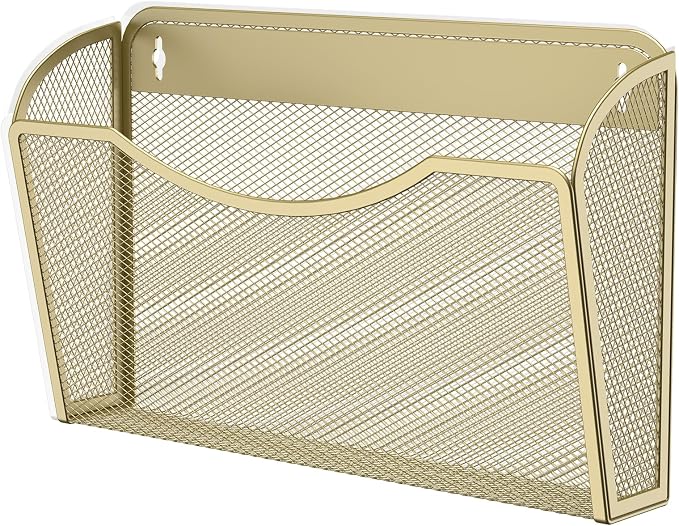 MINDEPOT Wall File Organizer, Hanging Wall File Holder, 1 Pack, Gold | Heavy Duty Iron, Metal Mesh Wall Mount, Single Pocket, Mail Organizer, for Office School Classroom Home, Letter A4 Size by MINDEPOT