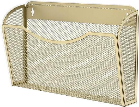 MINDEPOT Wall File Organizer, Hanging Wall File Holder, 1 Pack, Gold | Heavy Duty Iron, Metal Mesh Wall Mount, Single Pocket, Mail Organizer, for Office School Classroom Home, Letter A4 Size by MINDEPOT